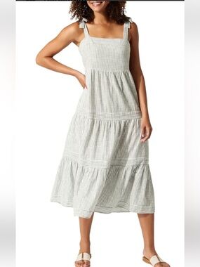 Tommy Bahama White & Gray Striped Tie-Shoulder Tiered Dress XL